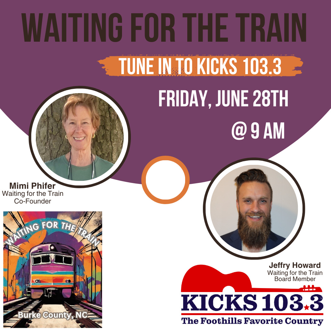 Flyer accouncing that Waiting for the Train will be on Kicks 103.3 Morning chat on Friday, June 28th, 2024 at 9am.