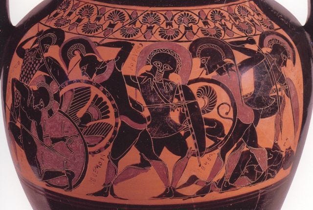 Black figure Greek vase with hoplite battle. | Arte grega, Arte