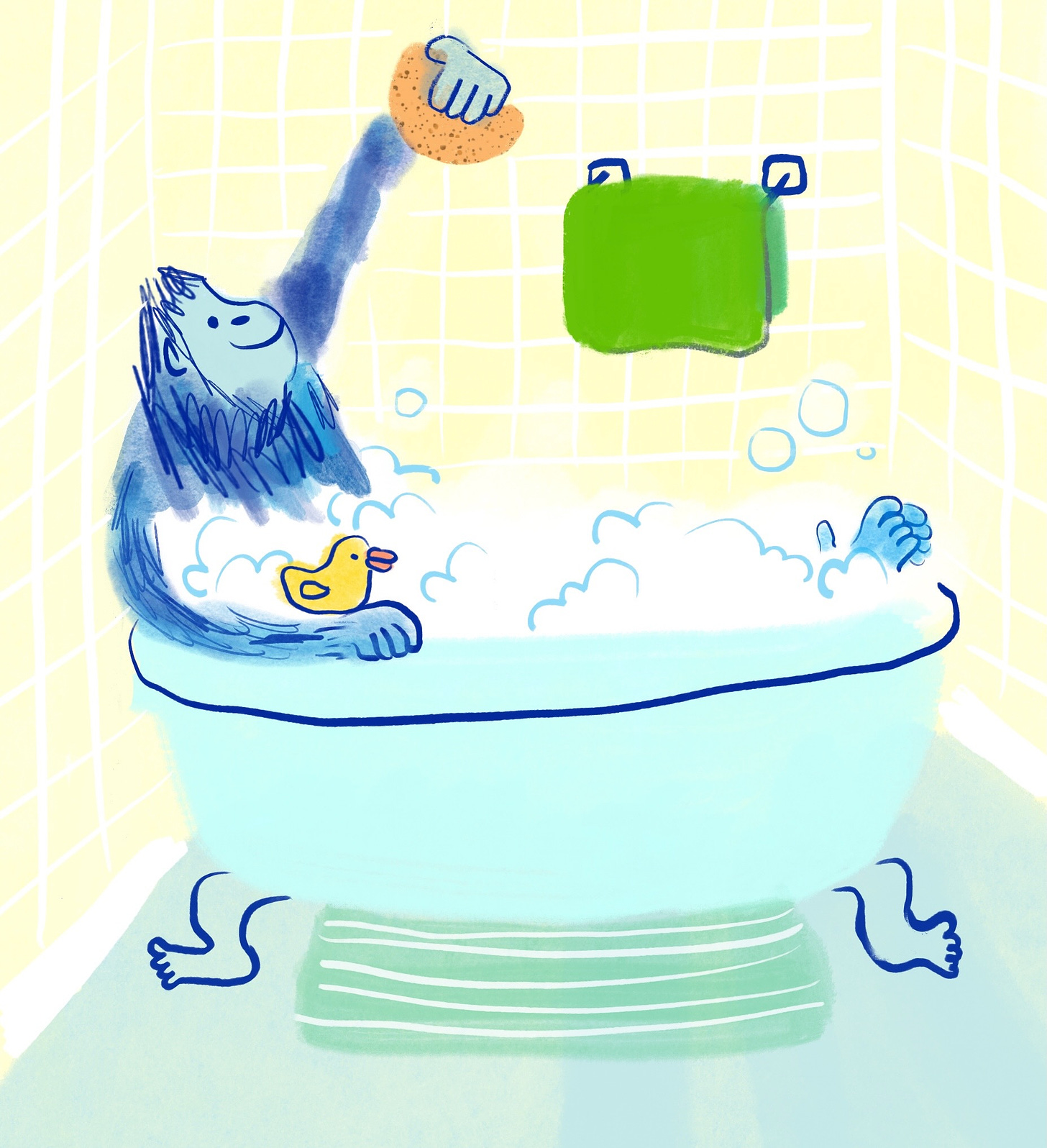 illustration of bathing gorilla character by Beth Spencer