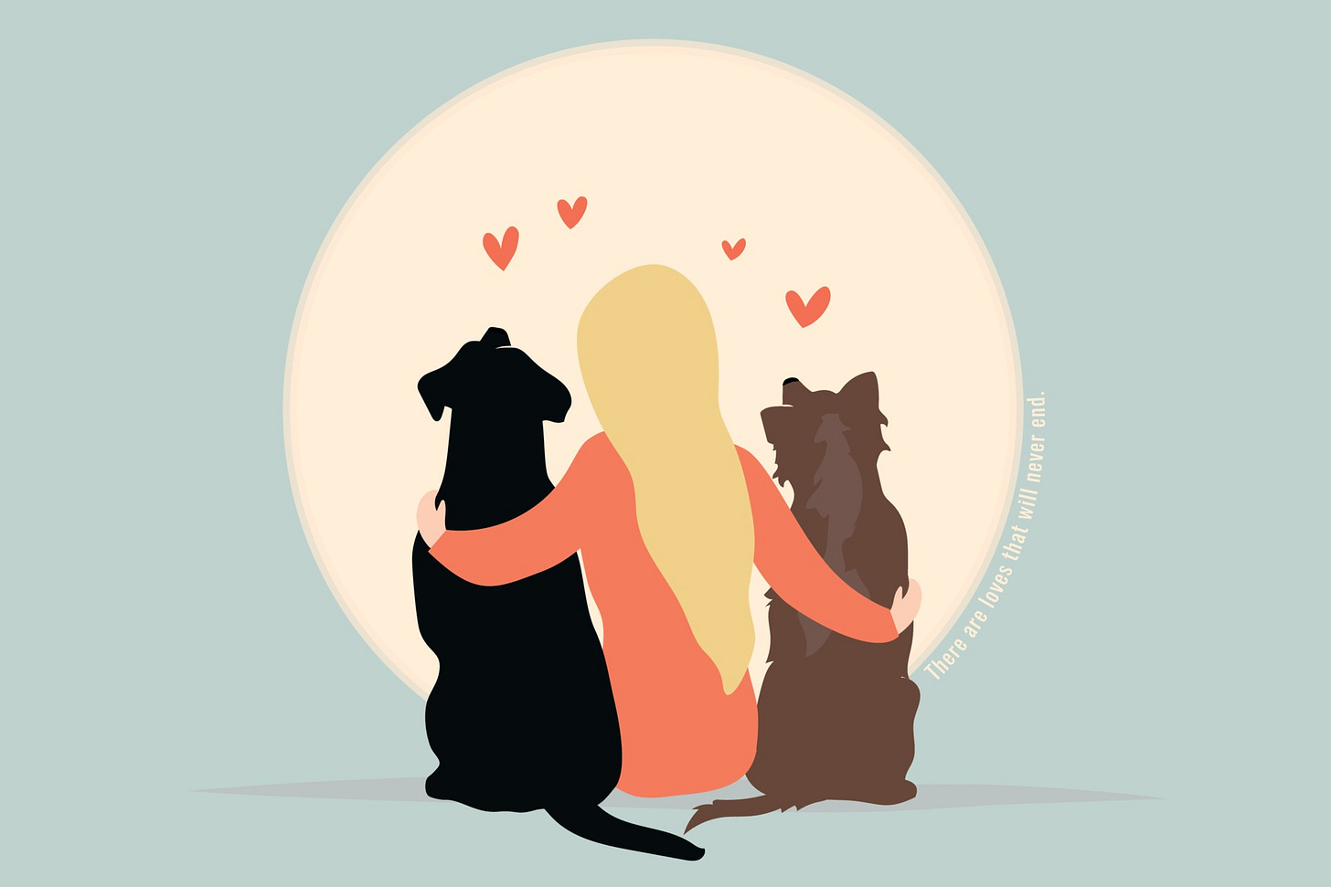 woman sits with a dog on each side of her, their backs to us, her arms around both, and hearts overhead, looking toward the sun