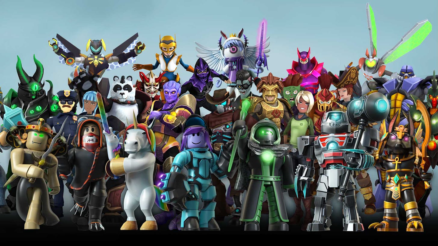 A large group of Roblox avatars face the viewer