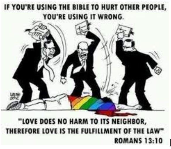 image of three men in suits using bibles to beat a person laying on the ground with a rainbow shirt on with caption "if you're using the Bible to hurt others yours using it wrong"