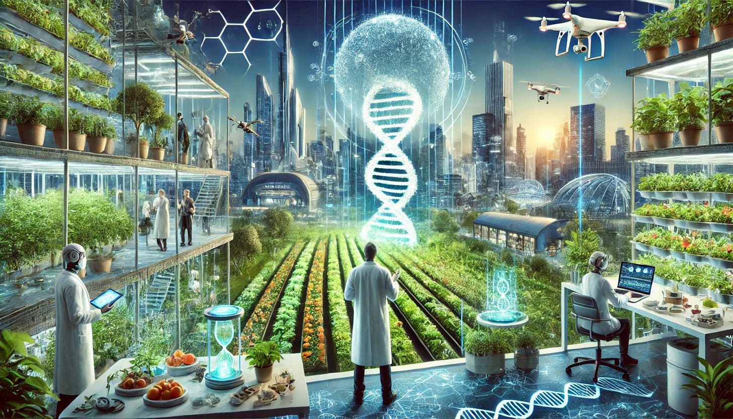 A futuristic biotech world with advanced laboratories, scientists using holographic interfaces, robotic assistants, and lush green vertical farms. The scene includes a skyline with sleek, modern buildings, interconnected by transparent walkways. There's a focus on sustainable and innovative technologies, such as drones monitoring crops, bioengineered plants glowing softly, and a research center with a large DNA helix sculpture. The atmosphere is vibrant and full of life, blending nature with cutting-edge biotechnology.