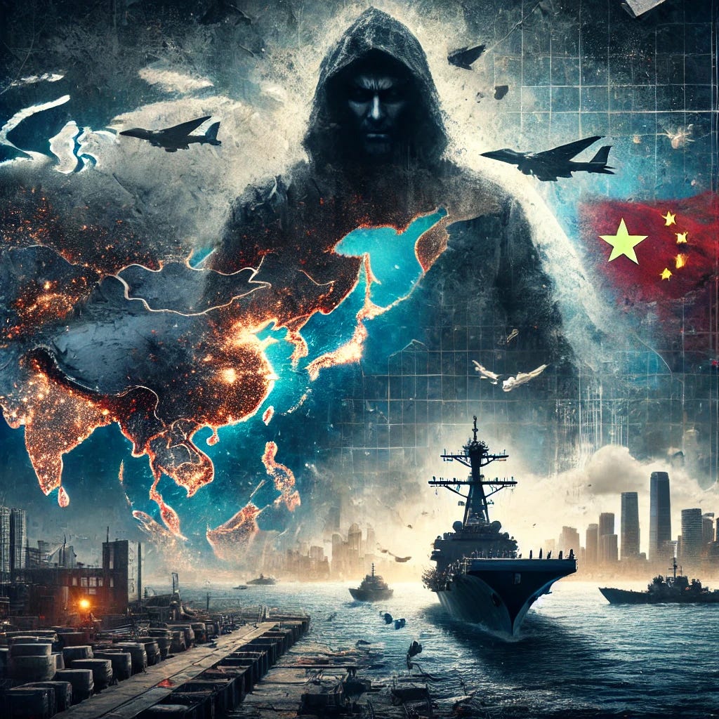 A visually dramatic digital artwork representing the ideas in the article about China's disintegrative warfare and global strategy. The image shows a fragmented world map with pieces breaking off, symbolizing the concept of disunity and attrition. In the foreground, a looming, shadowy figure representing China oversees a slow, strategic takeover of territories, shown as islands in the South China Sea being encased in concrete. Surrounding elements include a ghostly depiction of a U.S. naval carrier rusting in a harbor, and faint imagery of urban decay in America, like crumbling neighborhoods, symbolic of internal disintegration. The mood is tense and ominous, with dark tones dominating but with glimmers of light symbolizing resilience and hope.