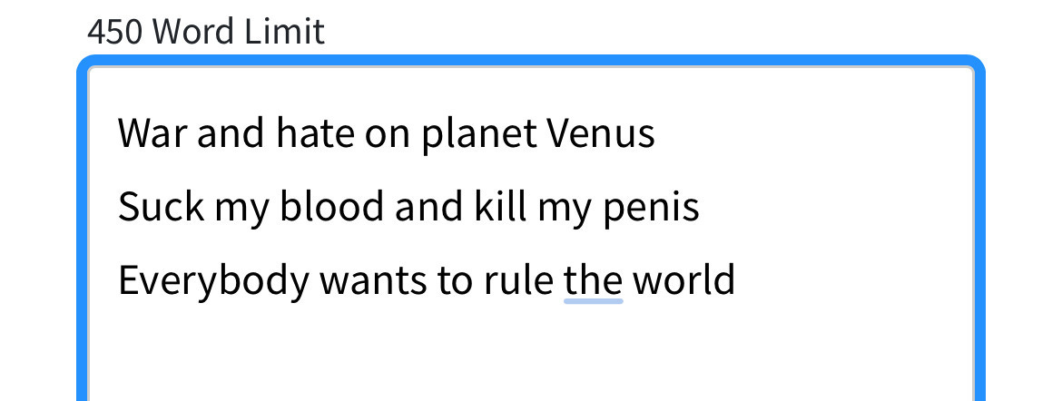 In the text box of the DEI watchlist reads “war and hate on planet Venus
Suck my blood and kill my penis
Everybody wants to rule the world”