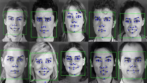 An image of various human faces with face tracking technology mapped to their eyebrows, nose, mouth to guess and categorise emotions. Image by Imperial College London Intelligent Behaviour Understanding Group