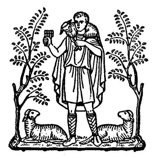 This may contain: an image of a man holding a dog in front of some trees and sheep, vintage line drawing or engraving illustration