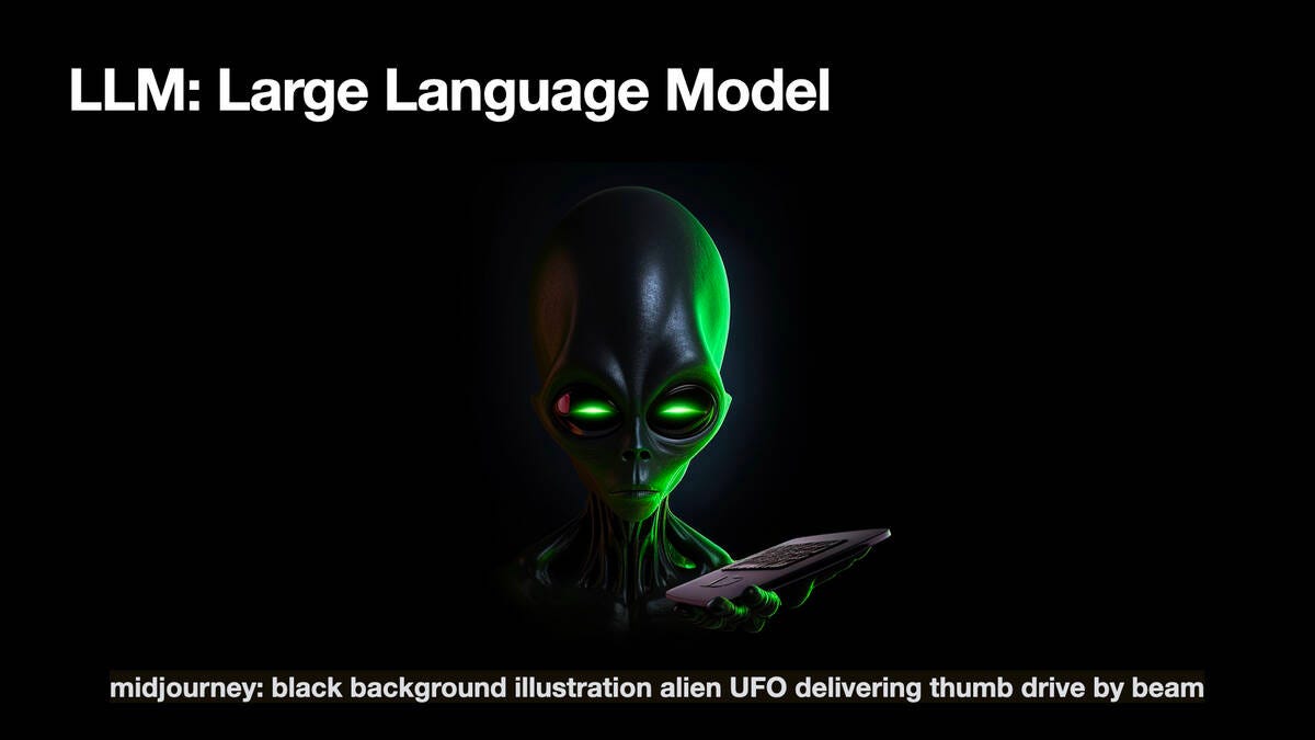 The alien image plus a caption:

midjourney: black background illustration alien UFO delivering thumb drive by beam

There is no visible UFO or beam in the image.
