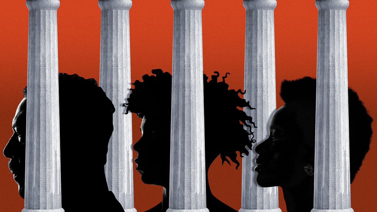 Illustration of silhouetted faces in profile in between a repeating pattern of doric columns mimicking bars. 