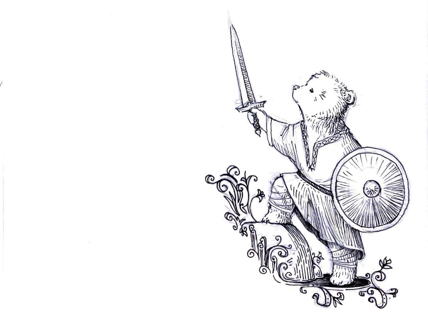 Handdrawn illustration of a cute bear holding a sword and a shield.