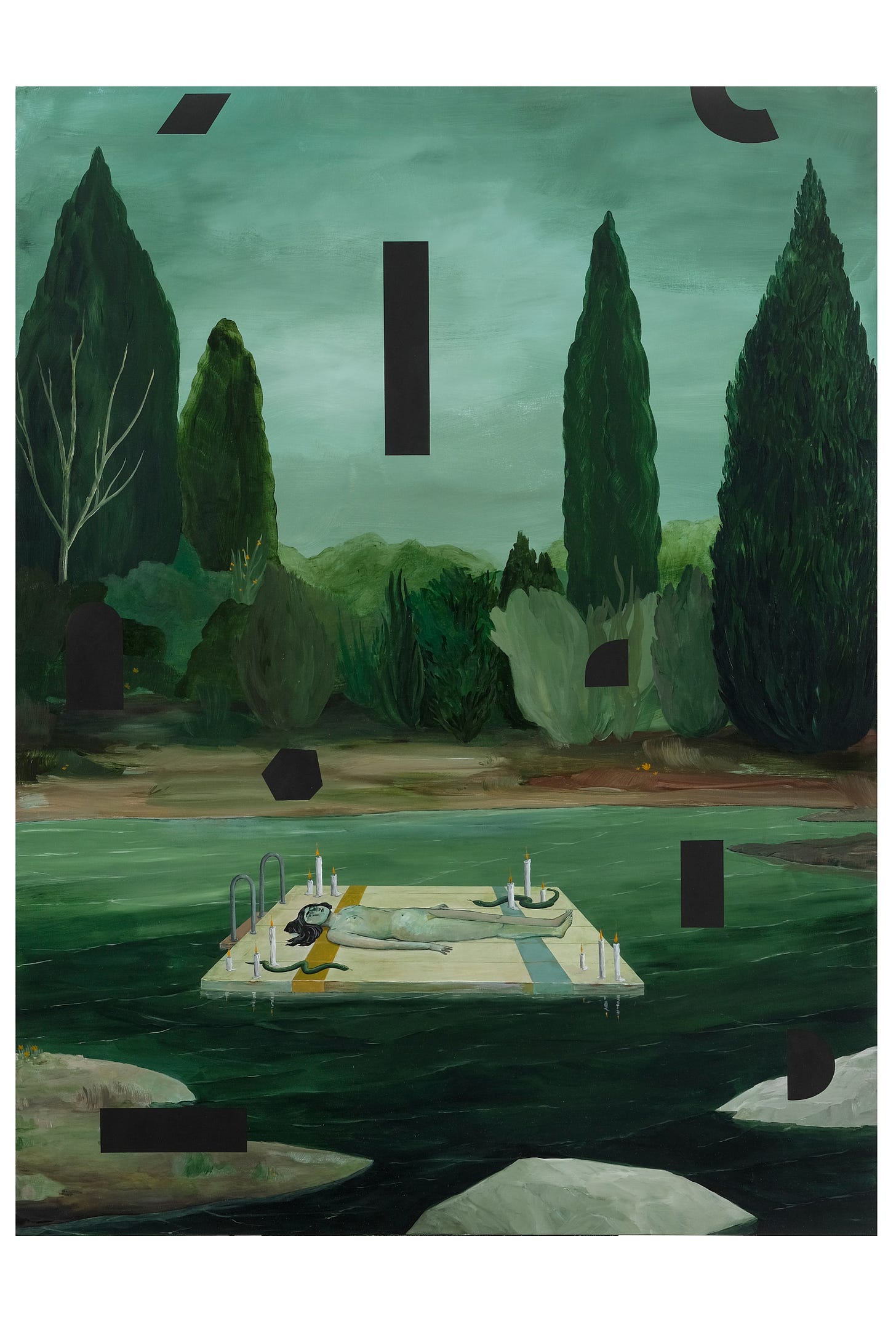 A green painting of a nude figure lying on a floating dock in green water. The figure is surrounded by snakes and lit candles. Large flat black shapes seem to be falling silently from the sky.