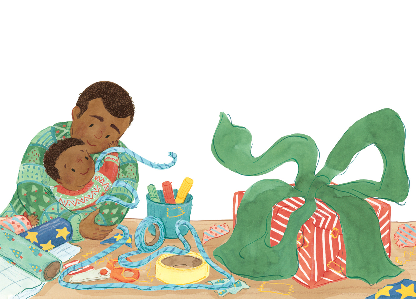 afro-american father and son wearing Christmas jumpers and hugging while wrapping Christmas gifts. Children's book illustration by Nanette Regan