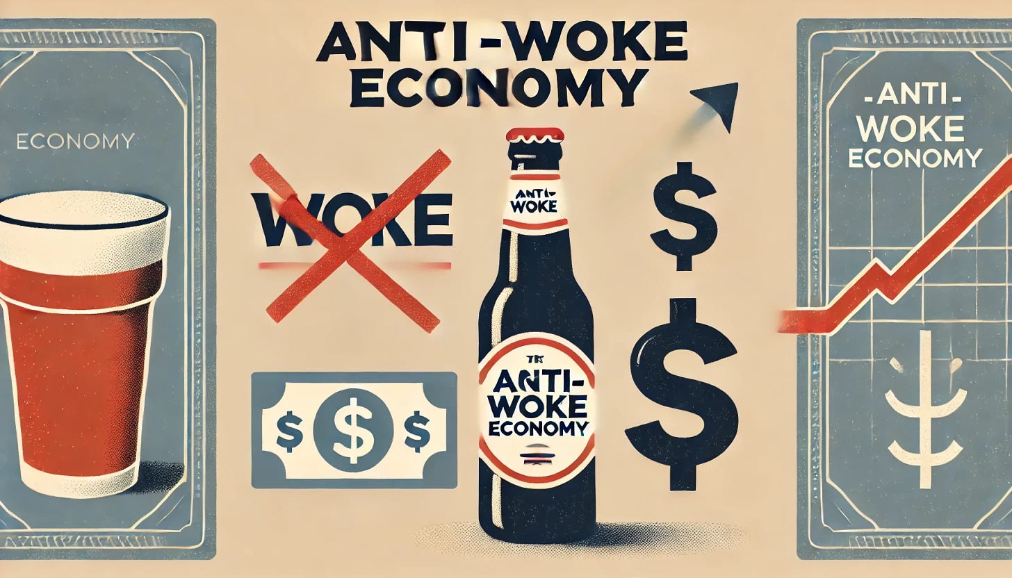 A minimalist 16:9 illustration depicting the rise of the anti-woke economy. The image features simple icons such as a beer bottle with a conservative label, a crossed-out 'ANTI' sign, and dollar signs indicating profit. The background is clean with muted colors, highlighting the shift in market trends.