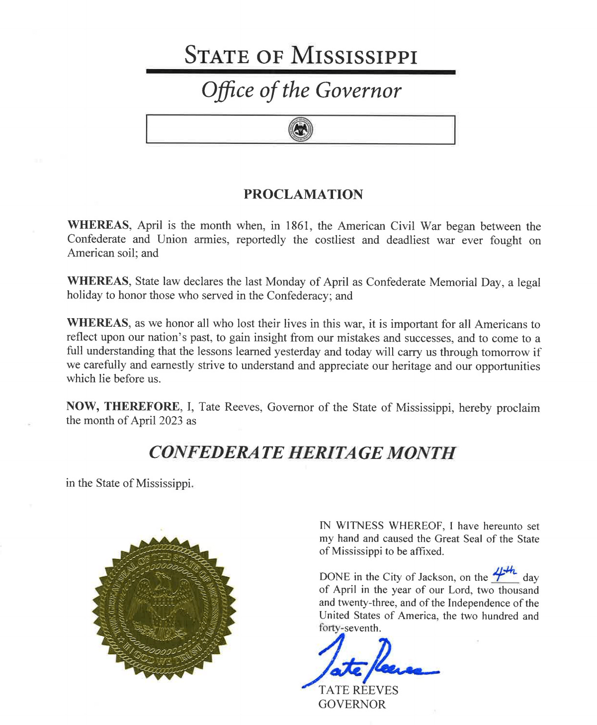 Screenshot of official proclamation signed by Tate Reeves declaring April Confederate Heritage Month