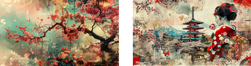 The left side of this composite image depicts a vibrant fusion of traditional Japanese imagery and modern abstract elements. Cherry blossoms in various shades of pink and red bloom against a background that appears to be a blurred cityscape, suggesting the merging of natural beauty with urban life.  On the right, we see a detailed and stylized portrait of a woman in a red kimono, adorned with intricate patterns. The kimono is embellished with elements that echo the cherry blossoms seen in the rest of the series, tying her image to the theme of natural beauty and traditional culture. The background of this portrait is a collage of historical Japanese architecture, including a pagoda, with the same stylistic and color treatments as the cherry blossoms, providing a sense of harmony and depth.