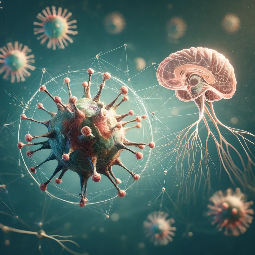 Create an image symbolizing the connection between the Epstein-Barr Virus and Multiple Sclerosis. Visualize this connection with an abstract representation of a virus linked to a neuron, showing the interaction without using any alphabets or numbers. The virus should be depicted as a sphere with surface proteins indicative of EBV, while the neuron should have a detailed structure with dendrites and an axon. Use a background that suggests medical research, perhaps with soft blues and greens to convey a sense of hope and innovation. The image should not include any identifiable human figures, nor should it contain any text or numbers, maintaining a focus on the symbolic relationship between the virus and neurological health.