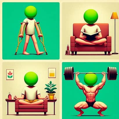 4 images in quadrants. The first is a thin weak man on crutches. The 2nd is the thin man laying down on a couch, reading a book. The 3rd is the thin man meditating in lotus pose. The 4th is the man but he is now muscular and lifting heavy barbells over his head triumphantly. In all frames, the man does not have a head but instead has a basic bright neon green sphere in its place.