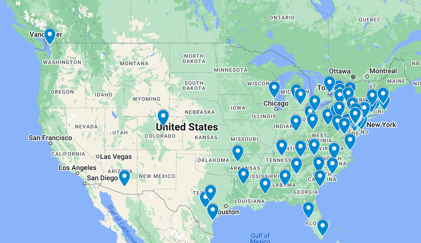 Screenshot of map with blue icons representing public Douglass Day locations. 
