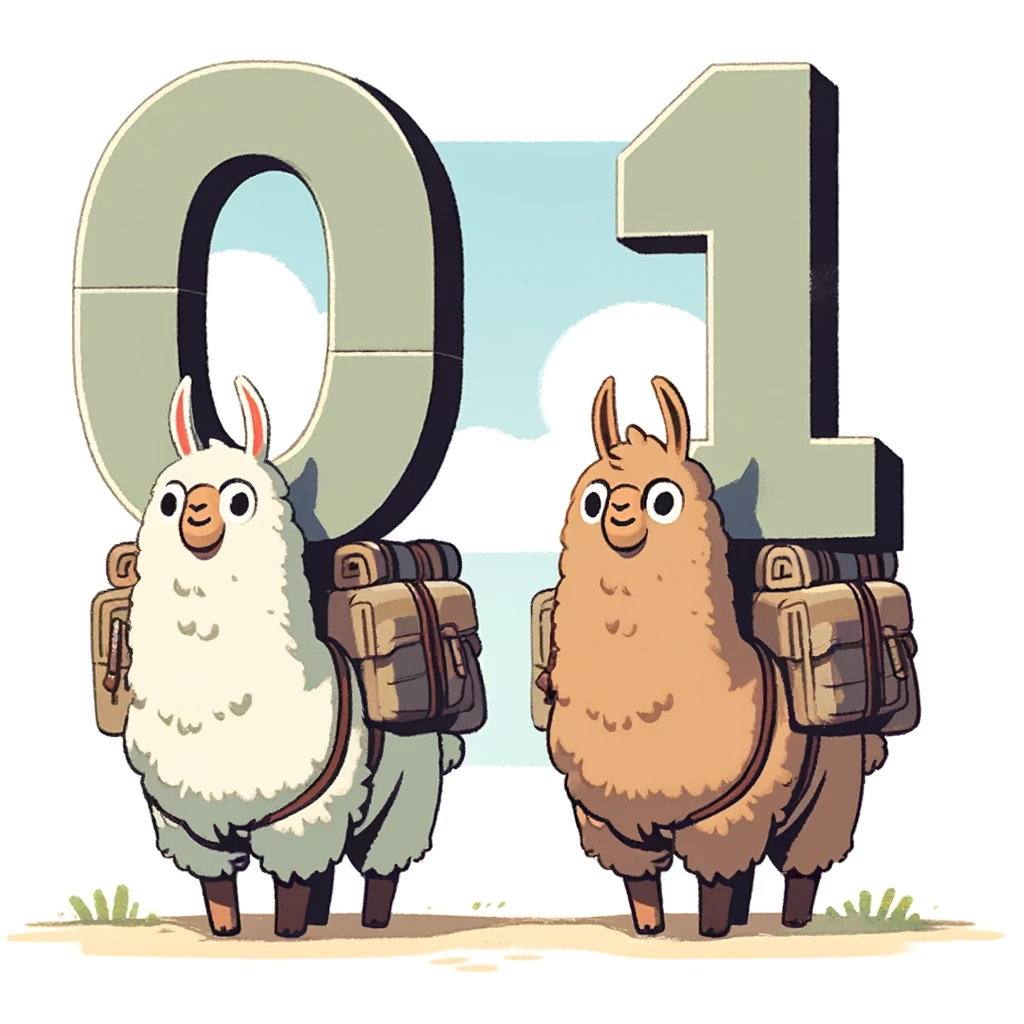 Two cartoon-style llamas, one carrying a large '0' and the other carrying a large '1' on their backs. Both llamas have cheerful expressions and are depicted in muted, natural colors. The '0' and '1' are oversized, with simple, bold designs, and they are securely strapped to the llamas' backs with plain straps. The background is a simple, sunny landscape with a blue sky and a few fluffy clouds. The overall image should be fun and whimsical, but with a more subdued color palette.