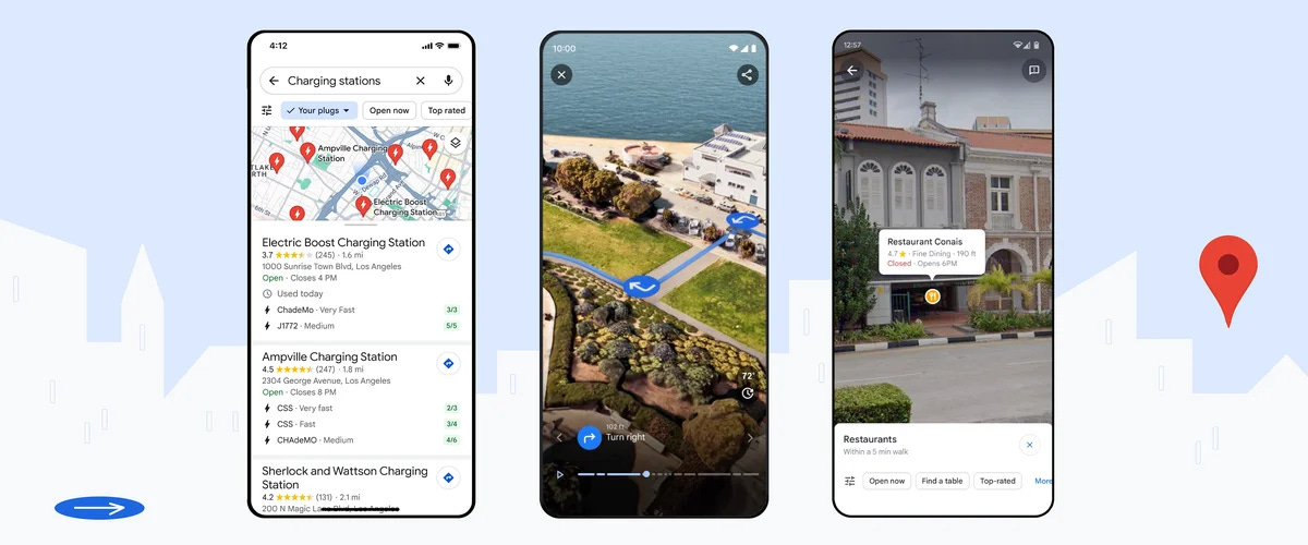 An image shows three phones over a blue background showcasing new Google Maps features. From left to right, they show detailed information about EV chargers in Maps search results, turn-by-turn directions for a cycling route along the water in San Francis