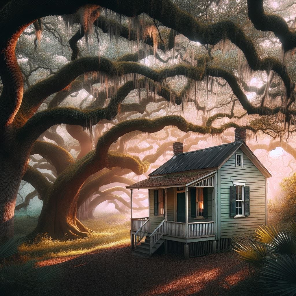 Thumbnail Image a small shotgun house near an old copse of twisted live oaks with the air smelling of cinnamon, gardenia, and a gentle magic far removed from his own