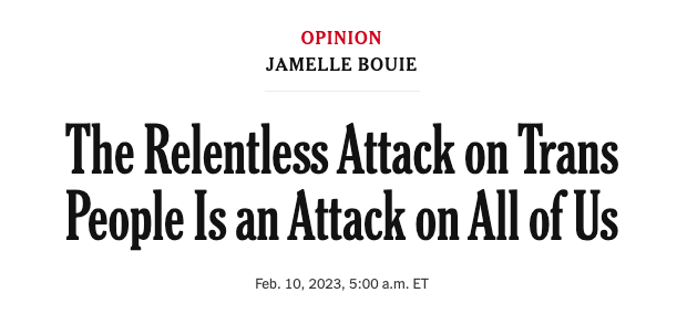 Original Headline: The Relentless Attack on Trans People Is an Attack on All of Us"