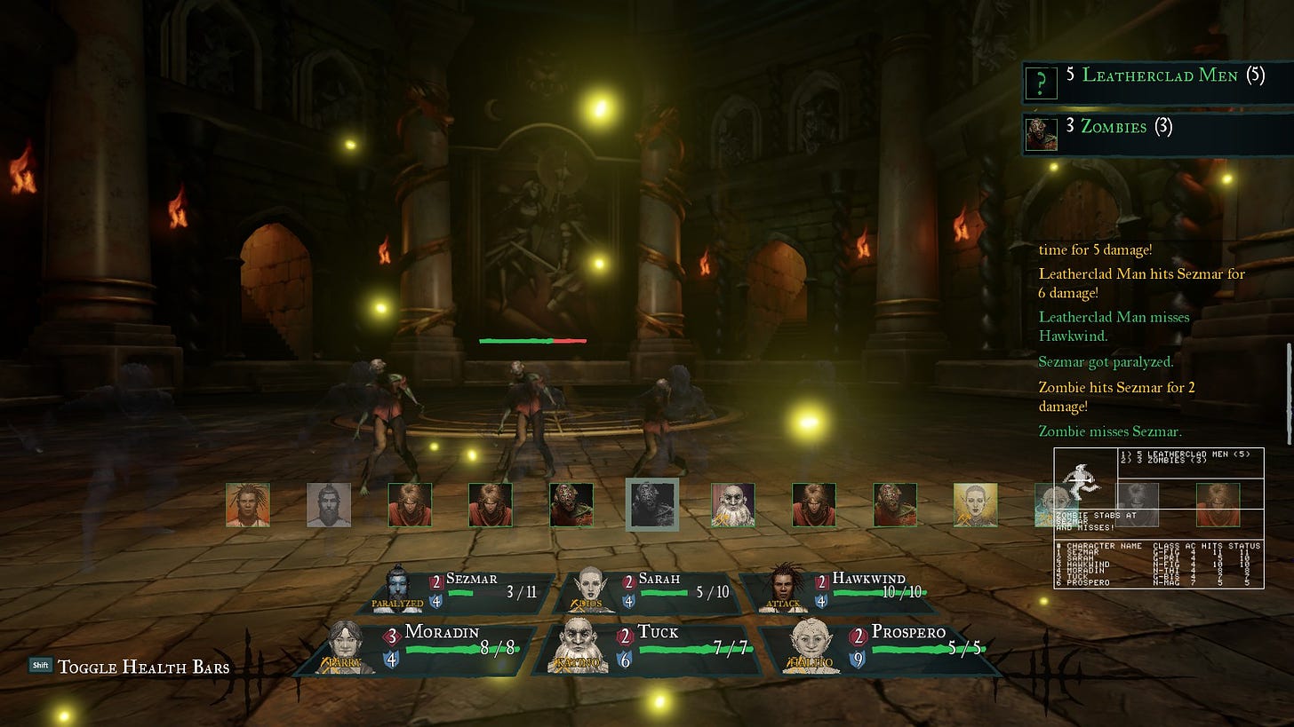 A screenshot of the game Wizardry: Proving Grounds of the Mad Overlord showing a battle with zombies and leatherclad men in a dungeon chamber.