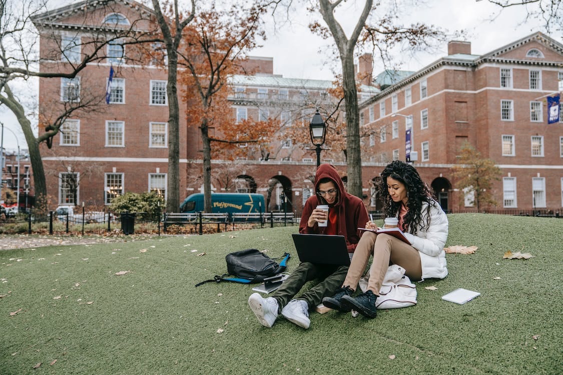 Free Man and Woman Studying at a Park Stock Photo