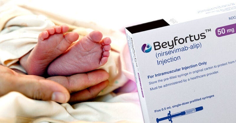 mom holding infant feet and box of Beyfortus injection