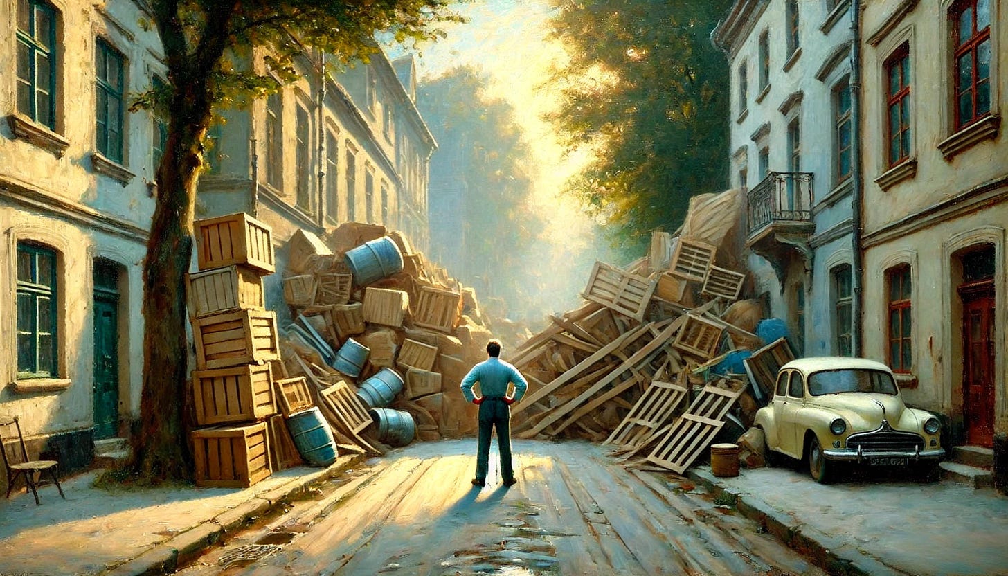 An impressionistic oil painting of a man standing in the middle of a quiet road, visibly blocked by a large pile of obstacles such as wooden crates, barrels, and debris that completely block the path ahead. The man appears contemplative, hands on hips, as he looks at the impassable barrier. The scene is illuminated by soft, dappled light filtering through trees, with old European buildings lining the street. The atmosphere is serene yet poignant, capturing the tension between tranquility and challenge. The color palette is gentle and pastel-like, with soft yellows, blues, greens, and creams. The brushstrokes are reminiscent of Fritz Syberg's style, emphasizing light and emotion. Wide aspect. Remove any letters or text in the scene.