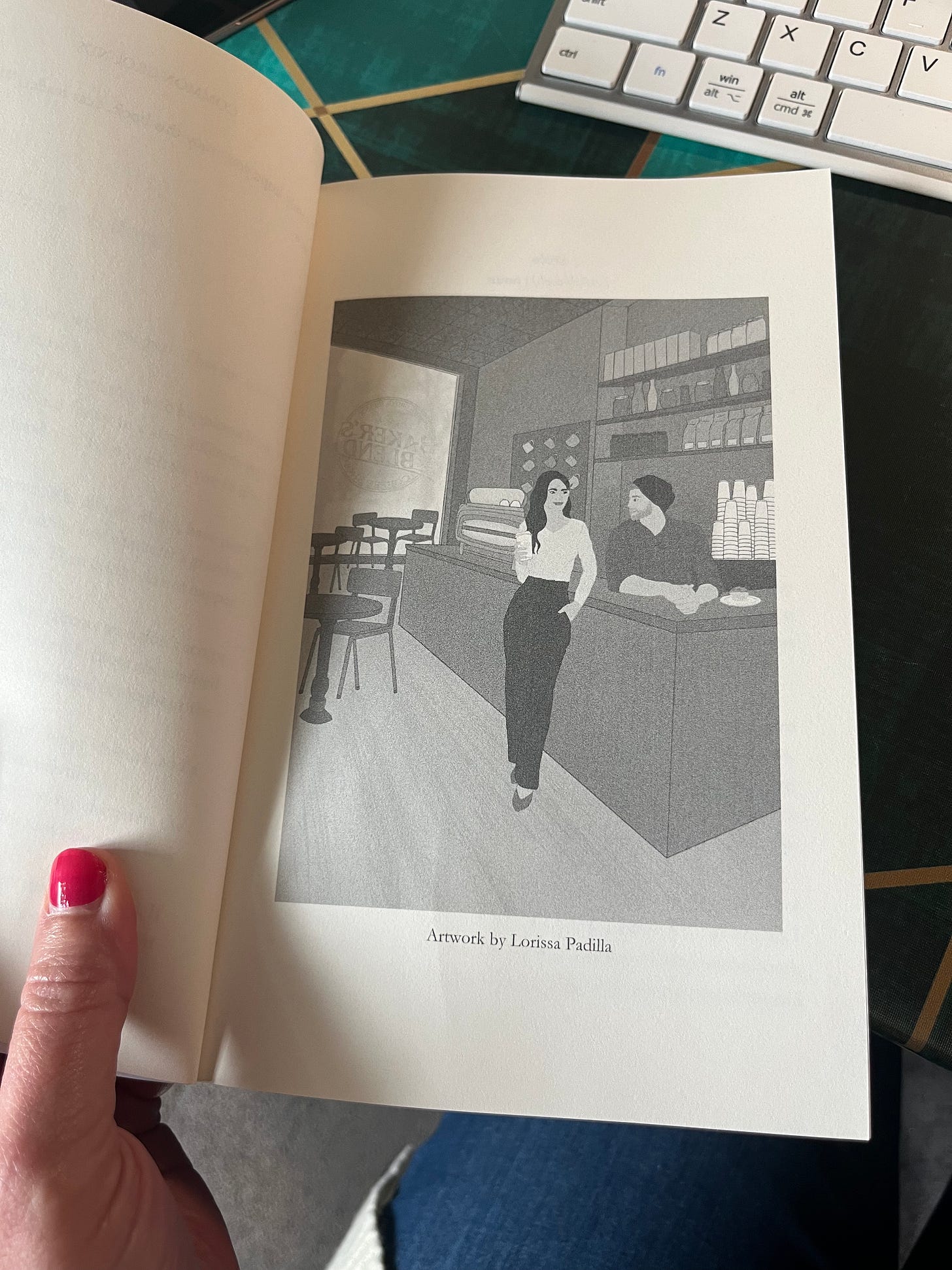 Image of grayscale art print in the interior of the book. Art print shows Emery and Trevor talking over the counter in Baker's Blend Coffee Shop.