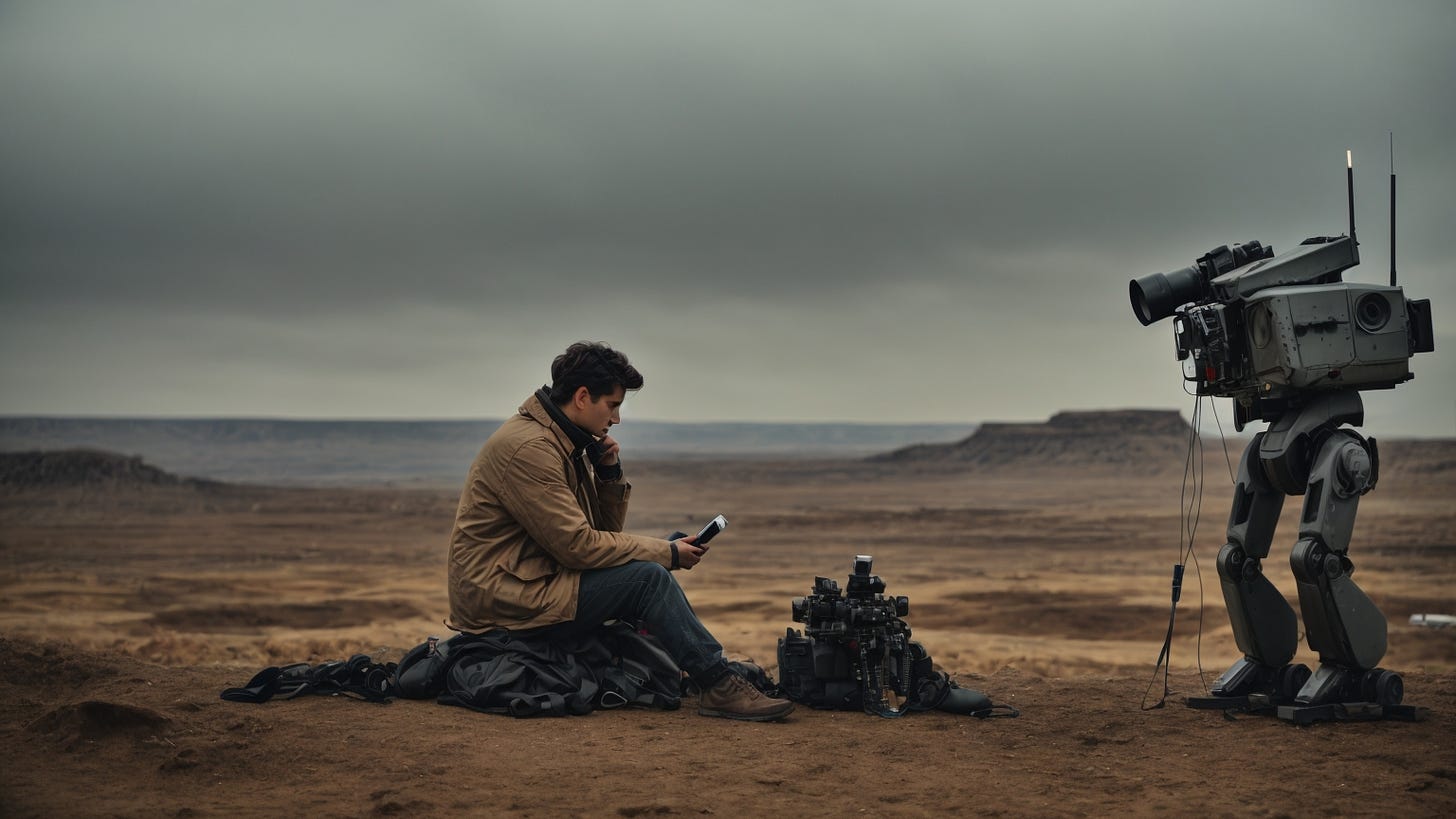 A journalist, reporter, correspondent in a bleak, futuristic landscape, observing some important event in which the robots are winning a battle, with his microphone and camera, but they are broken, he is despondent, unable to connect to his readers or viewers.