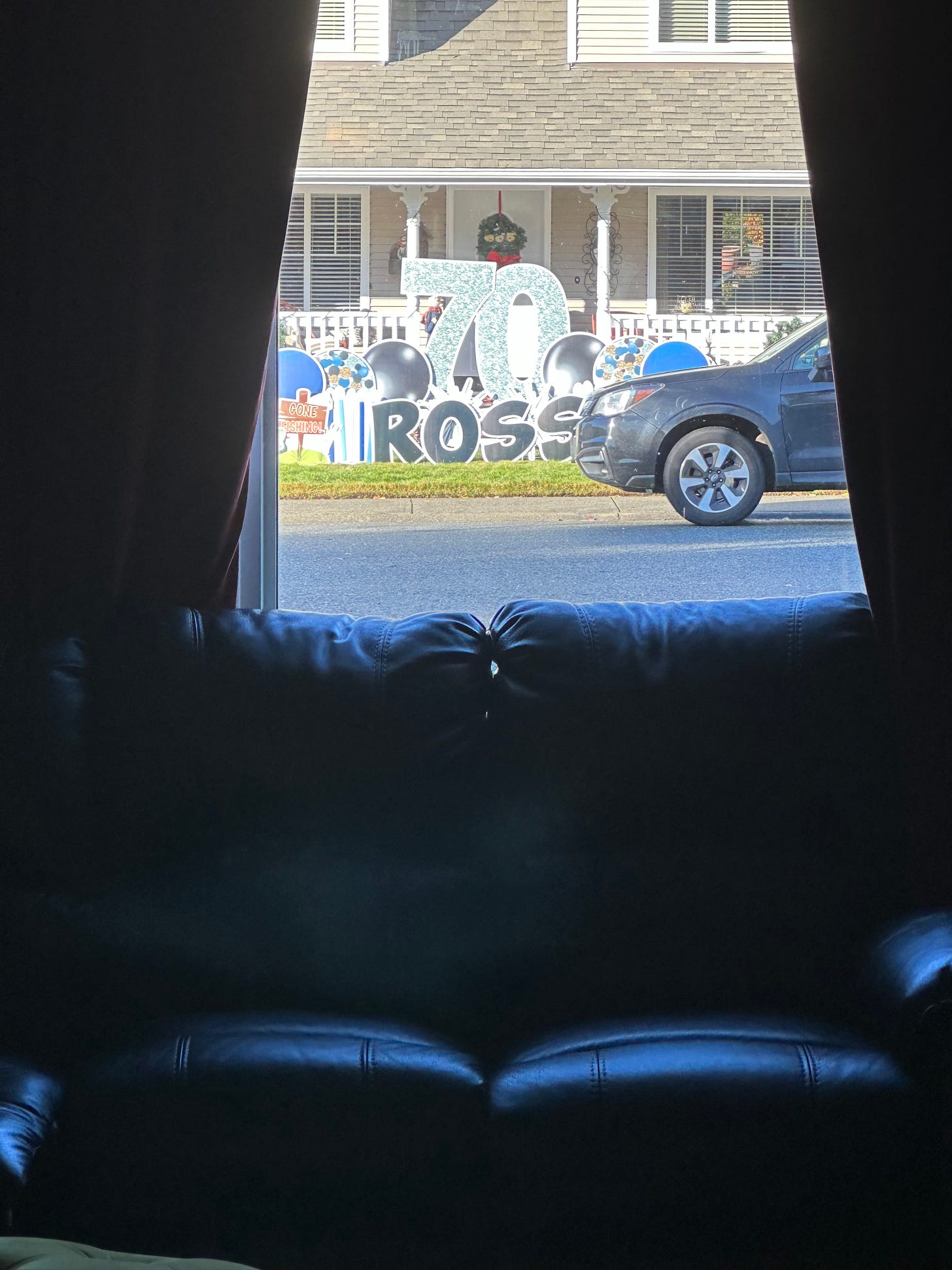 A gigantic display of love and affection seen from the window of my living room on my neighbours’ front lawn that shouts 70! ROSS! featuring black and blue likenesses of balloons.