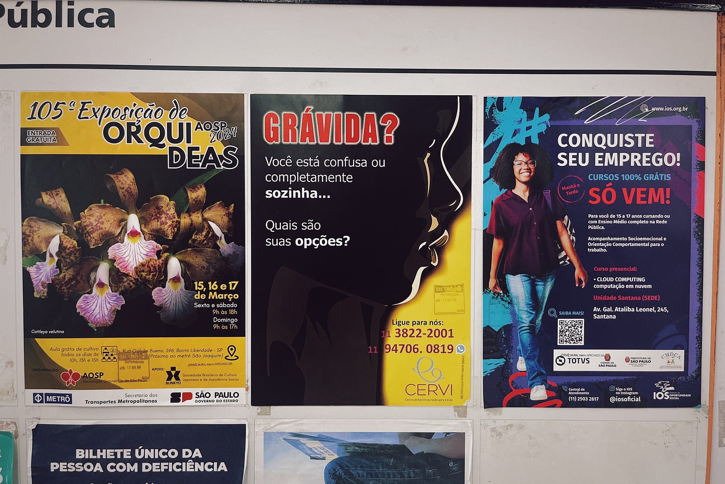An ad for CERVI in one of São Paulo’s busiest metro stations. In English, it says “PREGNANT? Are you confused or completely alone… What are your options?” The ad is placed on a public information board.