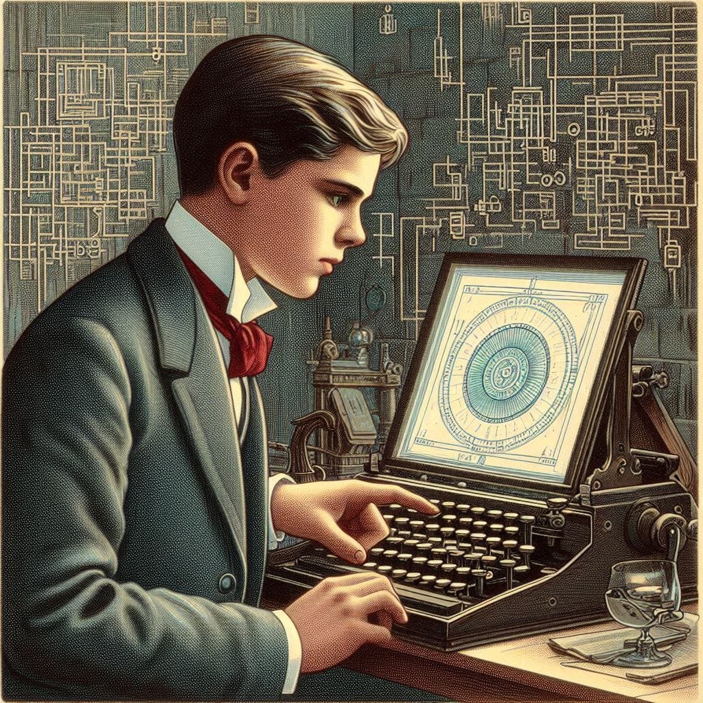 A fifteen-year-old Mormon boy discovering online rationality, 1900-style illustration, colored etching, art deco