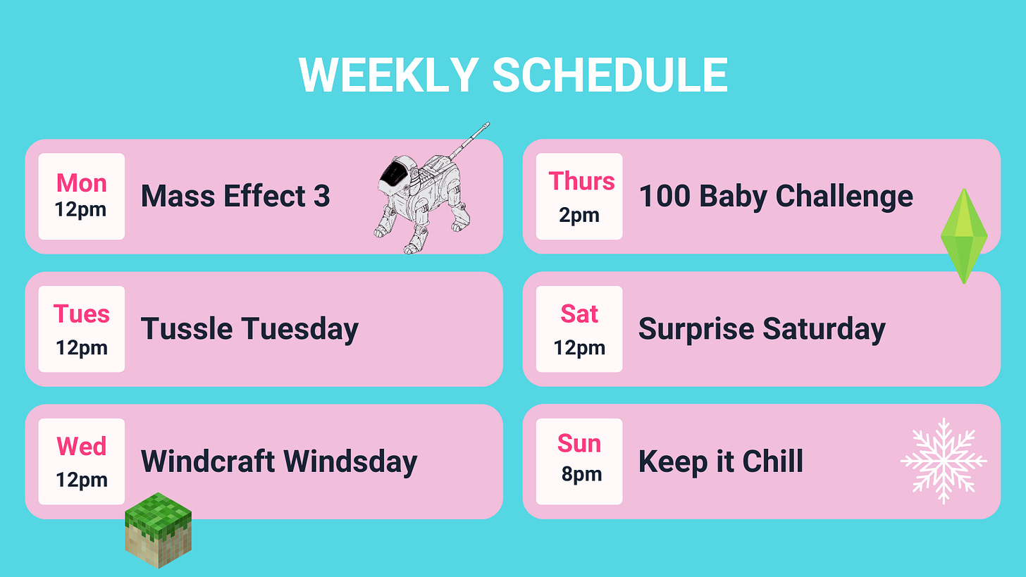 A graphic with my schedule, with pink and teal accents, schedule repeated in text after image