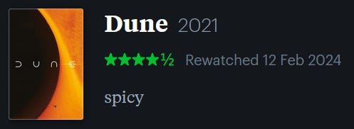 screenshot of LetterBoxd review of Dune, watched February 12, 2024: spicy