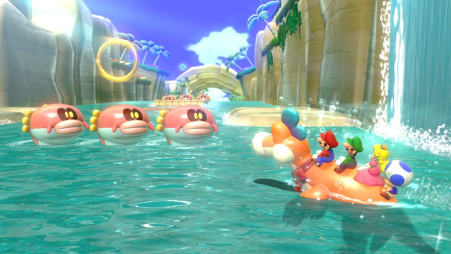 Mario and other characters sitting on the back of a water character