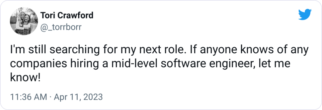 I'm still searching for my next role. If anyone knows of any companies hiring a mid-level software engineer, let me know!
