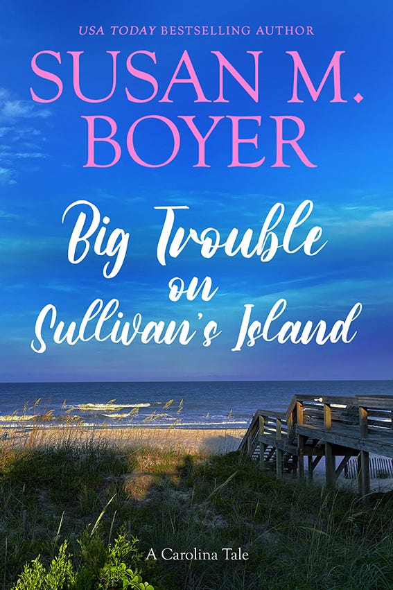 Book cover: "Big Trouble on Sullivan's Island" with beach and ocean scene of blue water and sky plus brown sandy beach with pier.