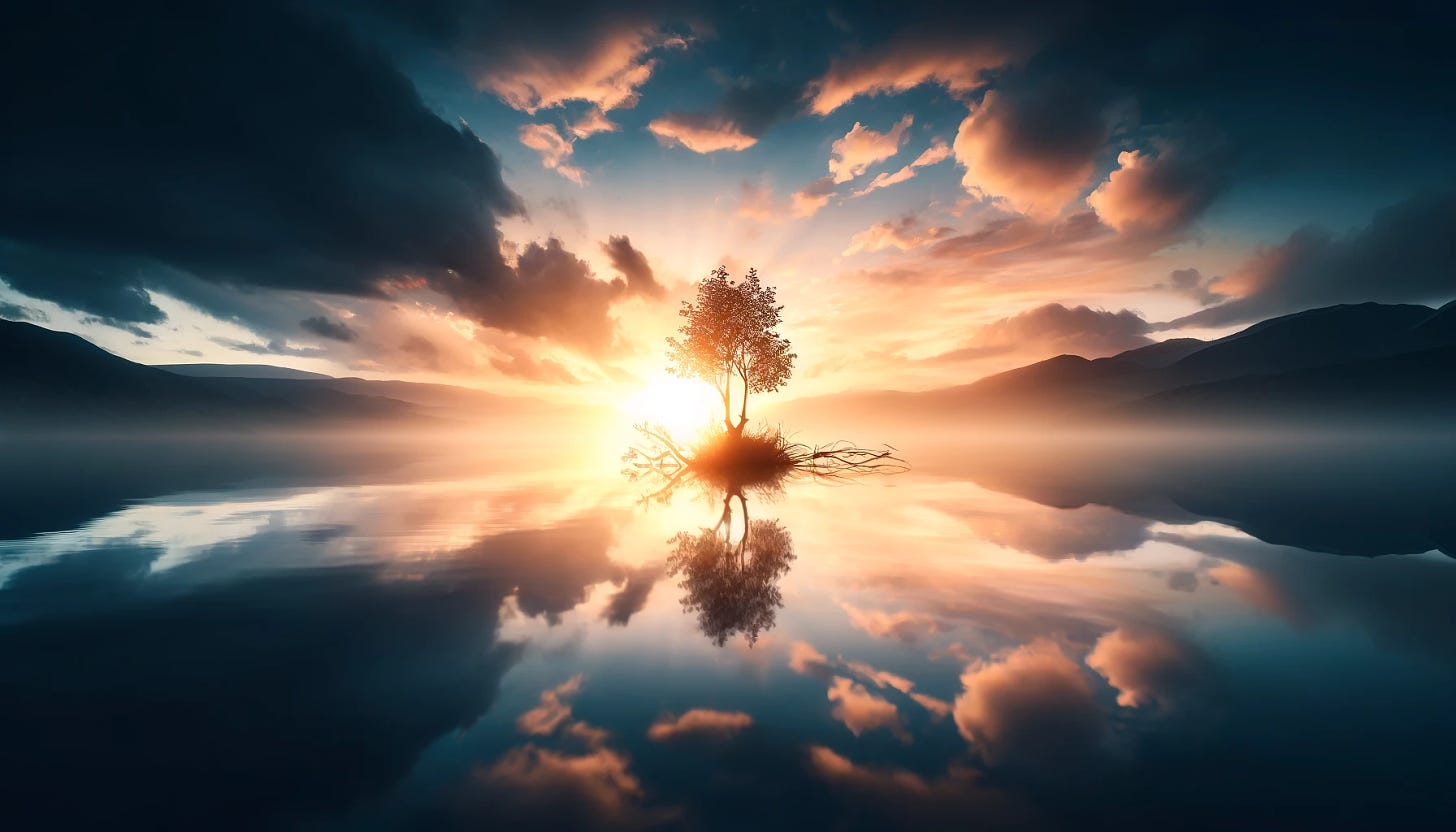 A serene landscape representing transformation and resilience, featuring a beautiful sunrise over a calm lake with a single tree standing resiliently at the lake's edge. The sky is painted with soft oranges and pinks, reflecting on the still water, symbolizing hope and a new beginning. The scene is peaceful and inspiring, conveying a sense of renewal and strength in nature.