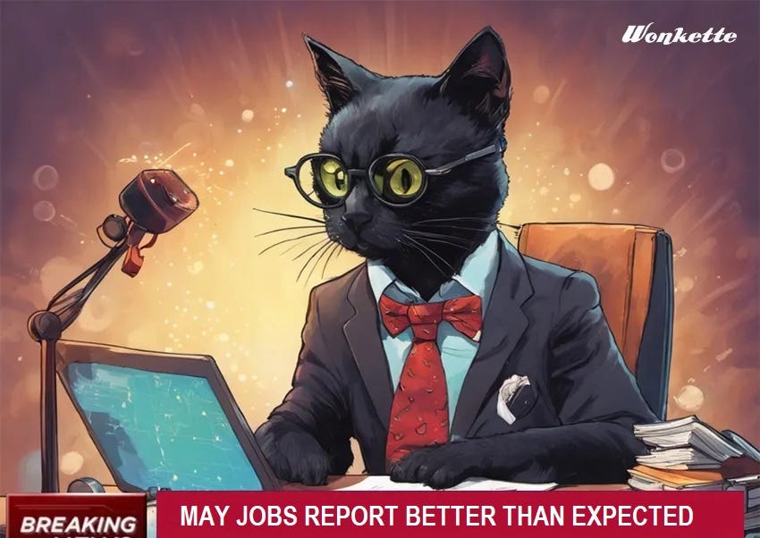 AI generated image of a cartoony cat economist in round nerdy glasses and a suit, looking at a laptop computer on a desk. 