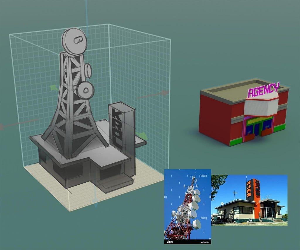 Concept art of a radio tower and talent agency based on real-world inspiration images. It’s not final production quality, but it shows what we are capable of now that we are building for mobile.