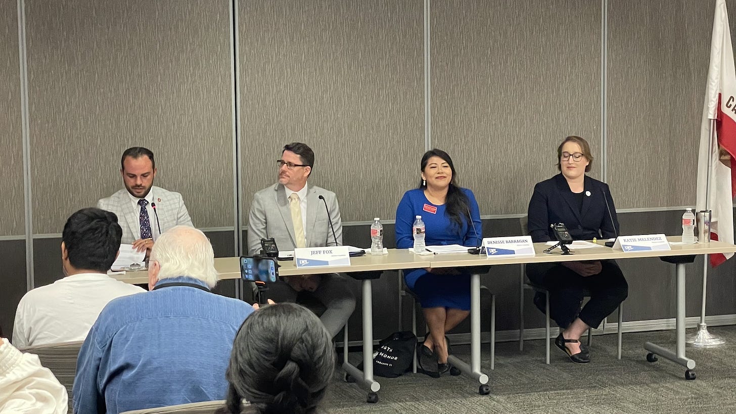 Vista City Council candidates appeared at a forum on Monday at the Vista Civic Center. From left are District 2 candidates Anthony White and Jeff Fox and District 3 challenger Denisse Barragan and incumbent Katie Melendez. Steve Puterski photo