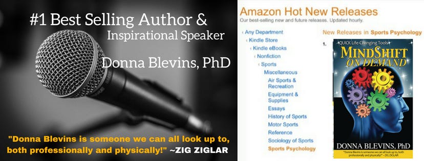 Left of the image, Mic with text #1 Best Selling Author & Inspirational Speaker, Donna Blevins, PhD. “Donna Blevins is someone we can all look up to, both professionally and physically,” quote Zig Ziglar. The right of the image shows the book MindShift On-Demand, ranking #1 in Sports Psychology New Releases