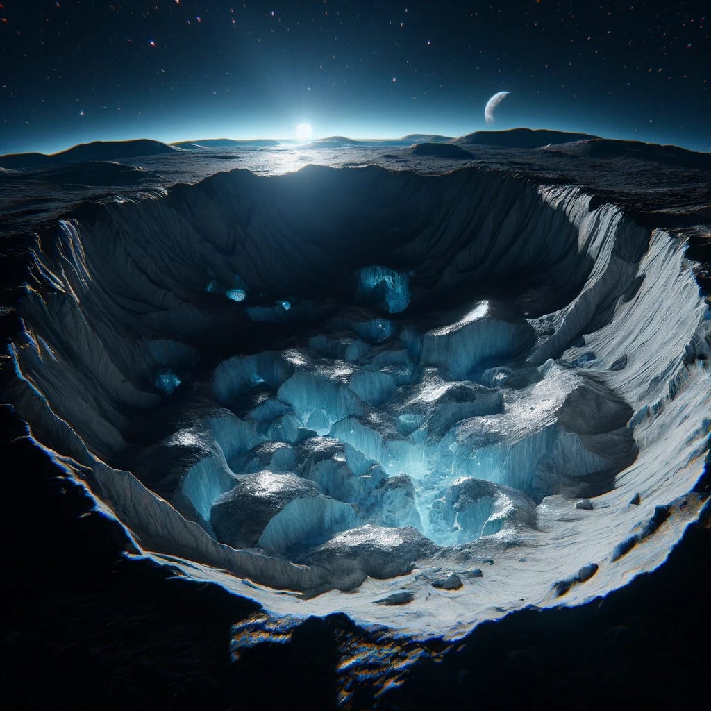A realistic depiction of ice deposits inside deep craters on the Moon. The scene showcases a shadowed lunar crater with bright patches of ice glistening under faint sunlight. The rough, rocky terrain of the Moon is visible, with sharp ridges and deep crevices. The ice appears bluish-white, contrasting with the dark lunar regolith. Above, a star-filled sky is visible, with Earth appearing as a distant blue sphere on the horizon. The overall aesthetic is highly detailed and scientifically accurate.