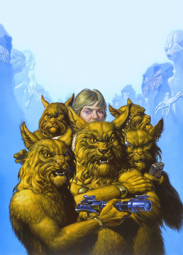 A group of buff aliens with cat heads and tawny fur stand guard around a single human, whose face can only be seen from the nose up but resembles the artist. One of the Hani carries a shiny chrome blaster and another is talking into a handheld communication device. Many have rings adorning the underside of their pointed ears. Looming in the background, arranged in a descending arch, an array of alien species is rendered in cool blue tones against a light blue field.