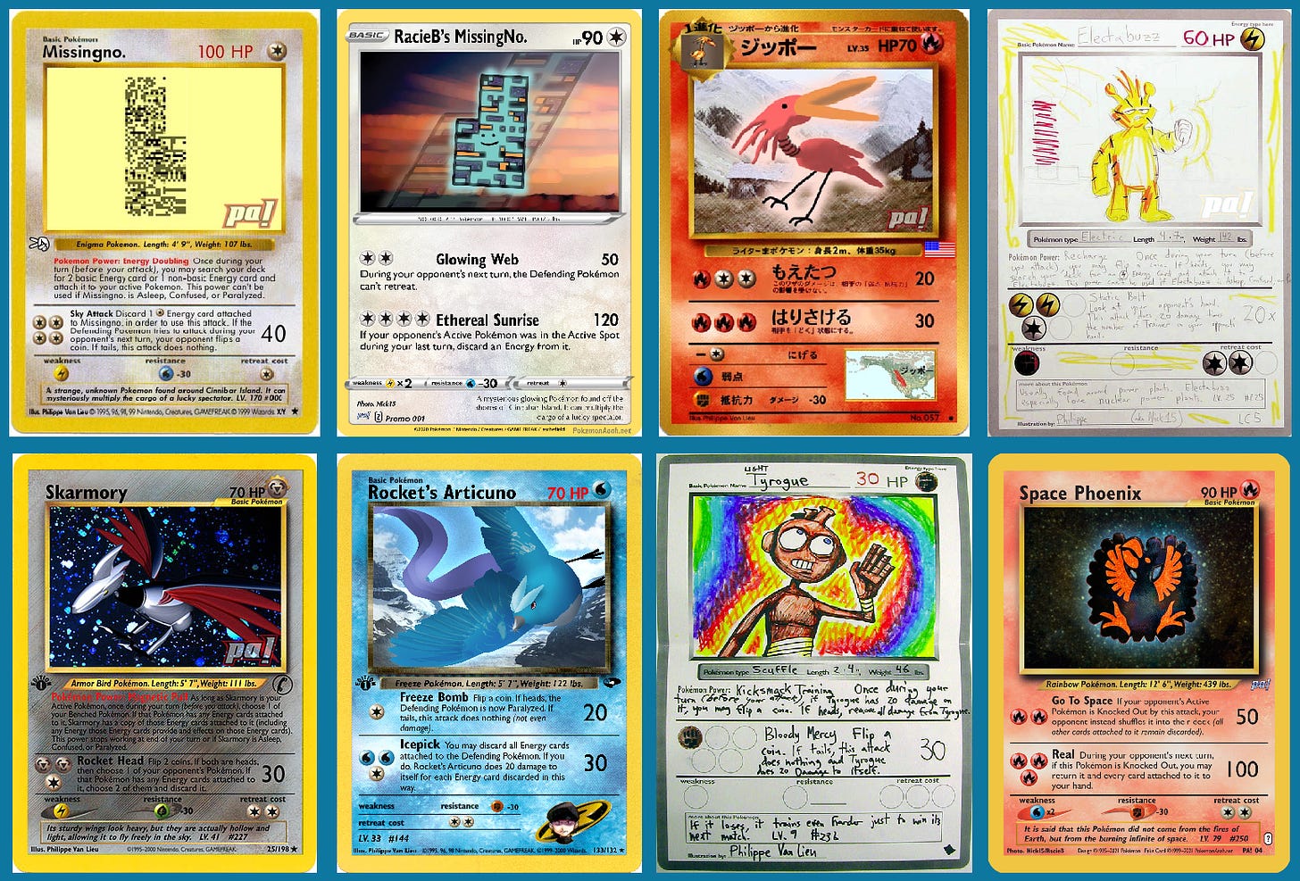 A selection of fake Pokémon cards created by Nick15 for PokéAaah!