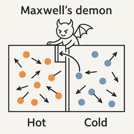GPT-4o (edited): A simplified illustration of Maxwell’s demon. The image shows a box divided into two chambers labeled “Hot” on the left and “Cold” on the right. Orange particles with arrows are in the hot side, while blue particles with arrows are in the cold side. A cartoon demon with horns and bat wings is sitting atop a small trapdoor between the chambers, selectively allowing particles to pass from the cold side to the hot side.