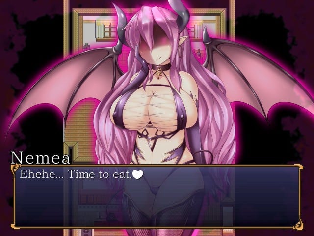 A succubus in a skimpy outfit with red eyes and a pink aura says "it's time to eat" right before pouncing on the protagonist